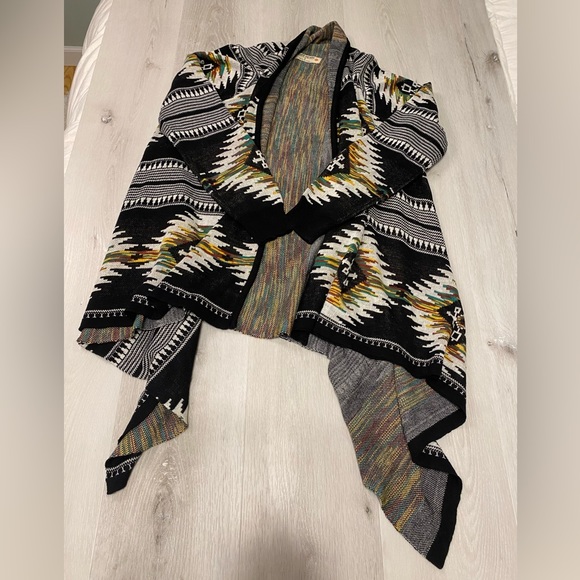 Ruff Hewn Aztec Draped Cardigan, Black/Ivory/Multi, Size Small - Picture 13 of 14